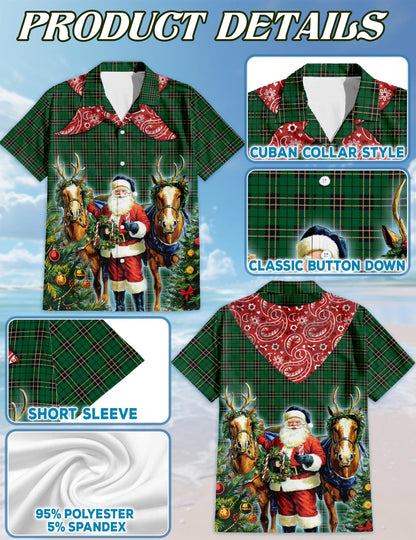 Santa Claus Cowboy Christmas Plaid Pattern Hawaiian Shirt for Men, Button Down Aloha Shirt - Azhawaiian