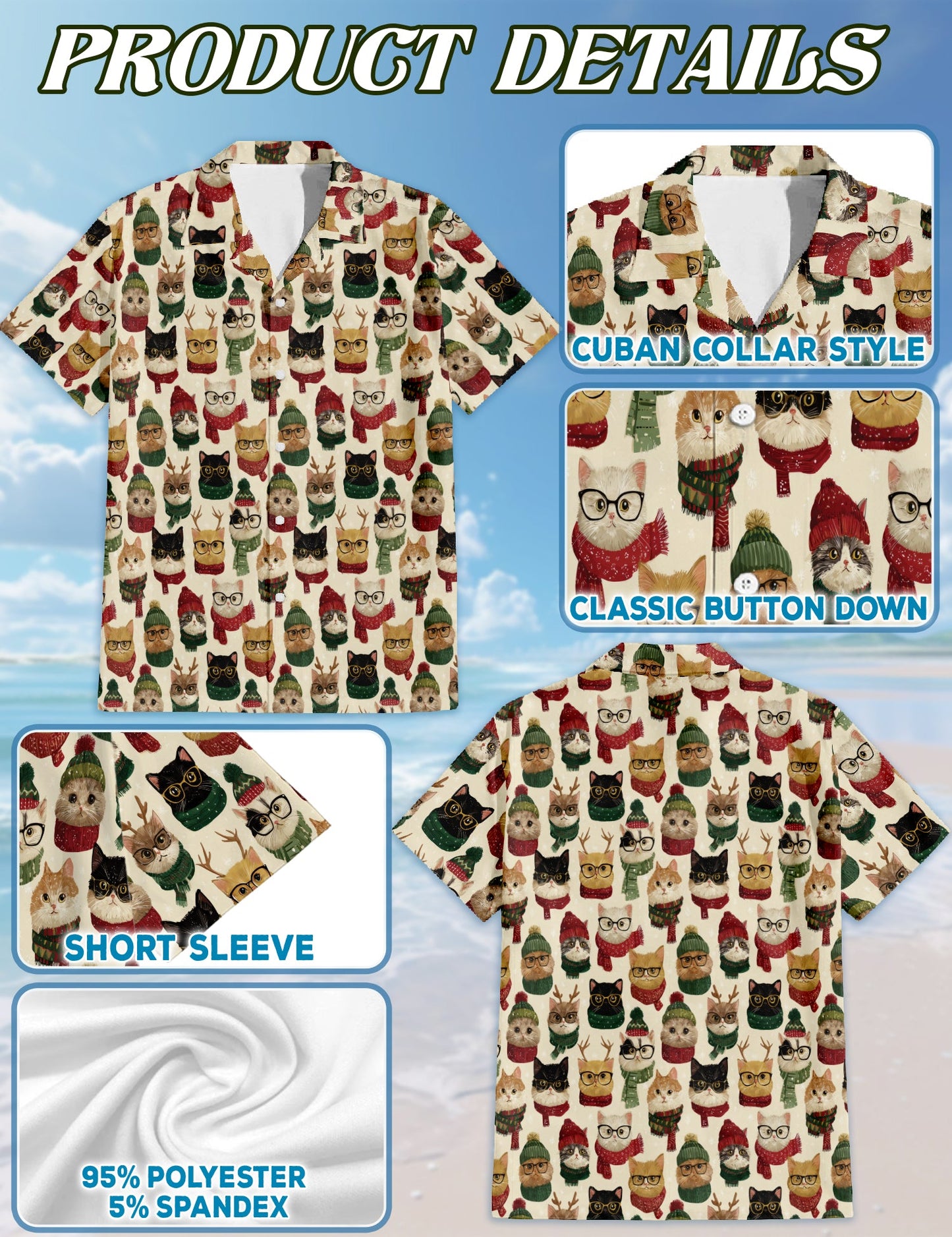 Christmas Cat Pattern Hawaiian Shirt for Men, Button Down Aloha Shirt - Azhawaiian
