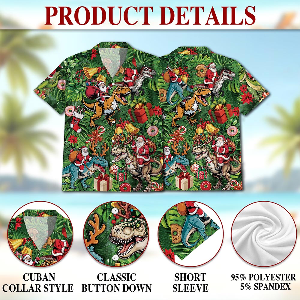 Santa Claus Riding Dinosaur Christmas Hawaiian Shirt for Men, Button Down Aloha Shirt - Azhawaiian