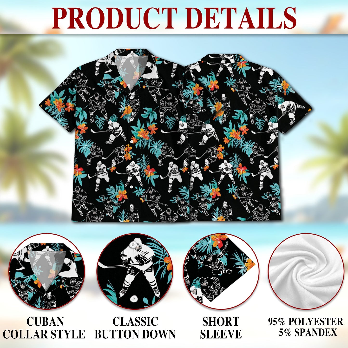 Ice Hockey Player Black Tropical Flower Hawaiian Shirt for Men, Button Down Aloha Shirt - Azhawaiian