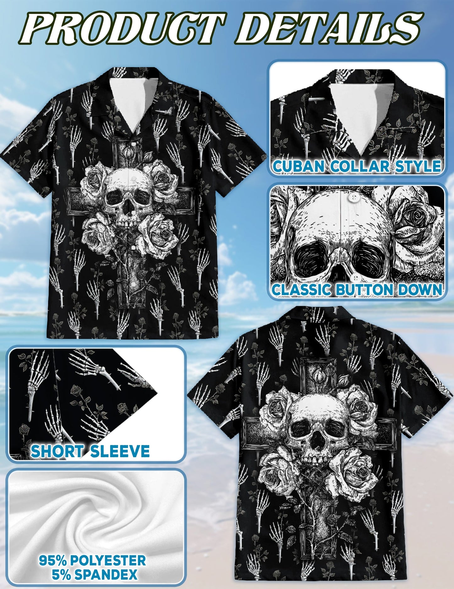 Black And White Skull Roses Hawaiian Shirt for Men, Button Down Aloha Shirt - Azhawaiian