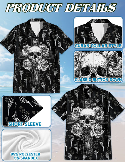 Black And White Skull Roses Hawaiian Shirt for Men, Button Down Aloha Shirt - Azhawaiian
