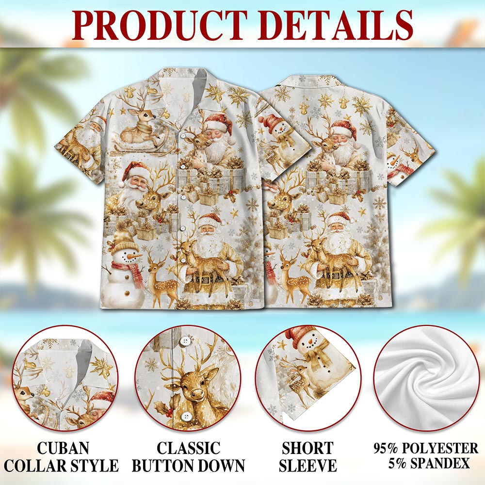 Golden Santa Claus and Reindeer Christmas Hawaiian Shirt for Men, Button Down Aloha Shirt - Azhawaiian
