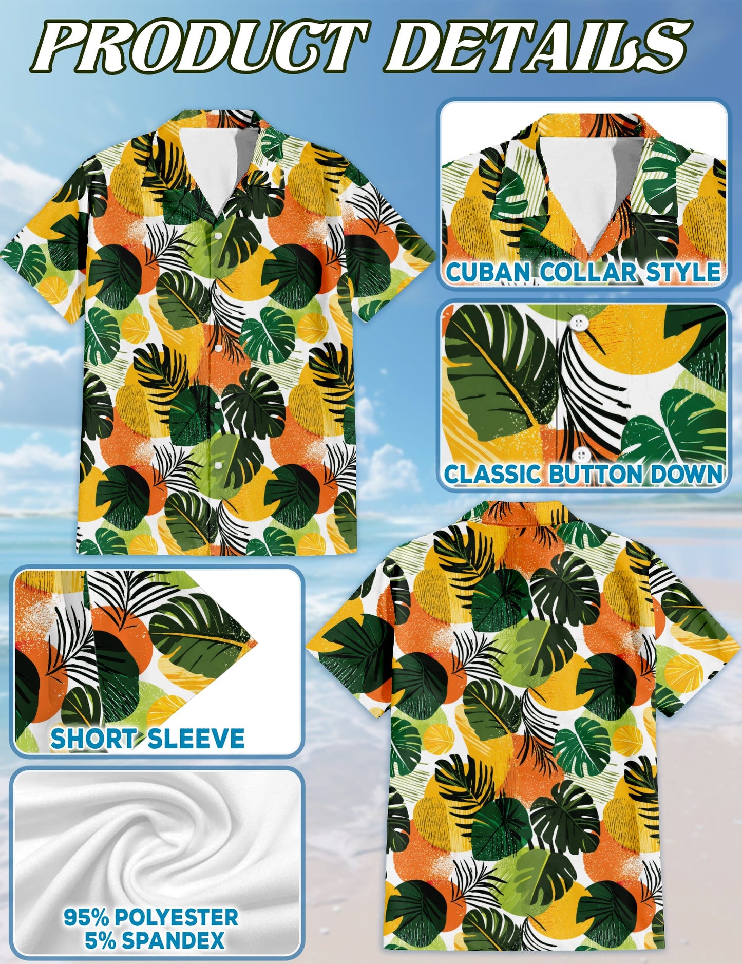 Tropical Leaf Pattern Hawaiian Shirt for Men, Button Down Aloha Shirt - Azhawaiian