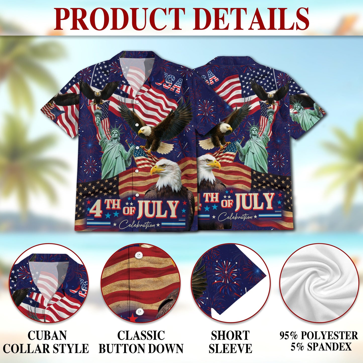 4th of July Independence Day Hawaiian Shirt for Men, Button Down Aloha Shirt - Azhawaiian