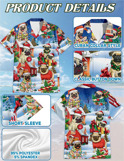 Funny Pug Christmas Hawaiian Shirt for Men, Button Down Aloha Shirt - Azhawaiian