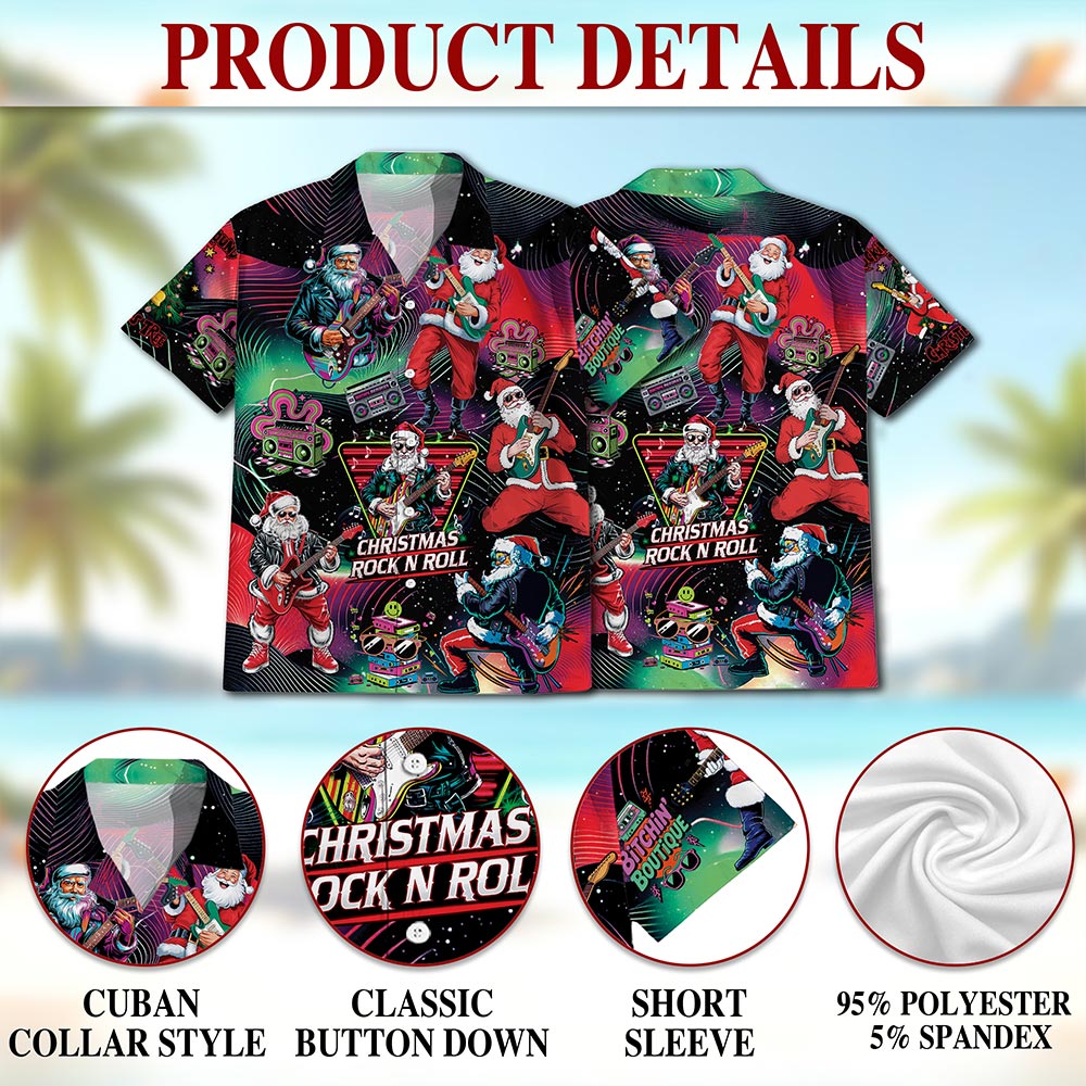 Santa Claus Rock Guitar Christmas Hawaiian Shirt for Men, Button Down Aloha Shirt - Azhawaiian