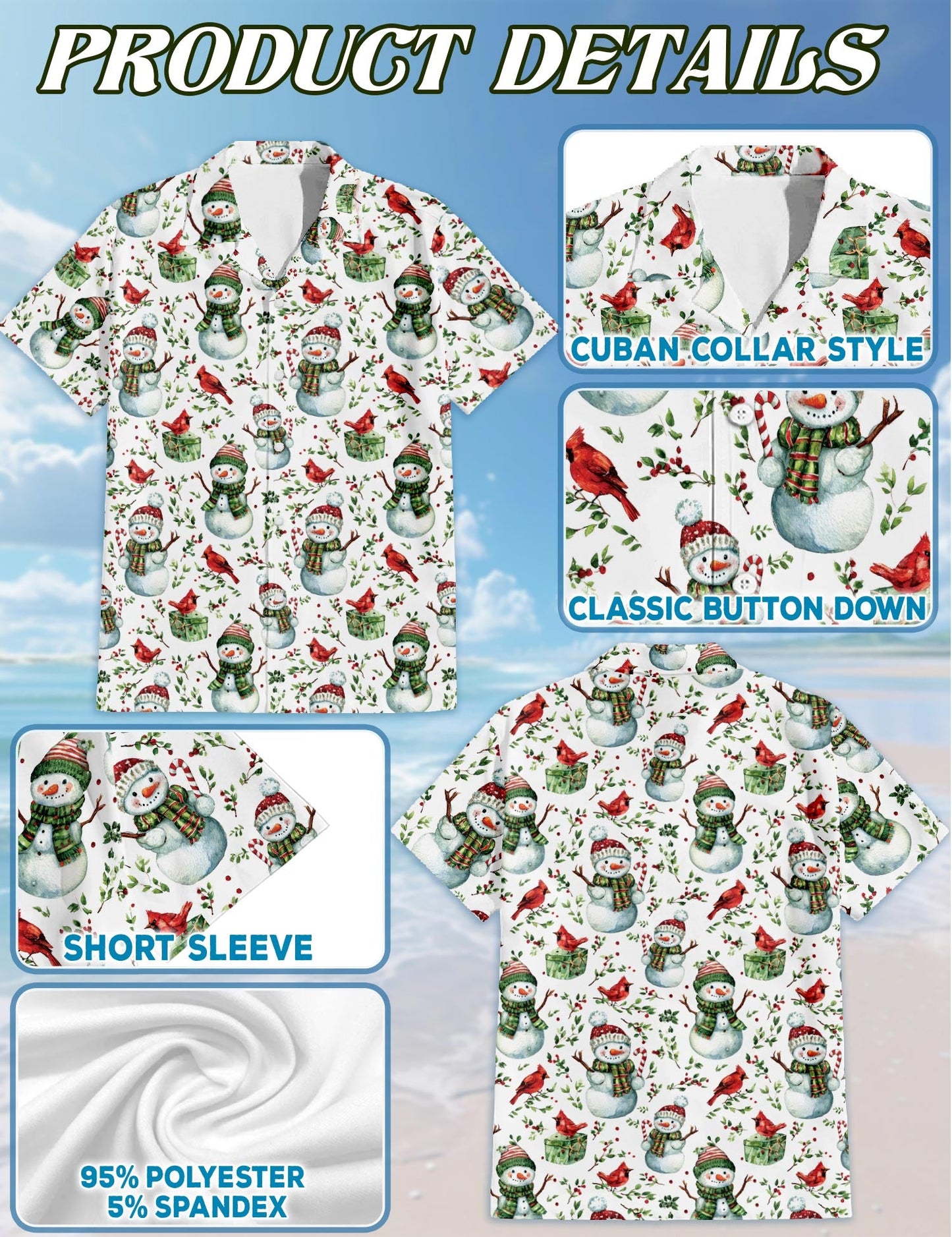 Snowman and Red Cardinal Christmas Hawaiian Shirt for Men, Button Down Aloha Shirt - Azhawaiian