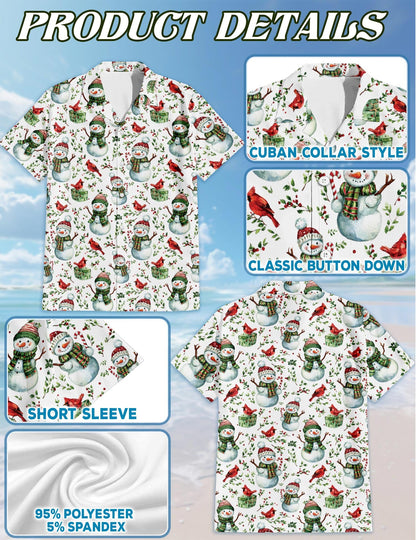 Snowman and Red Cardinal Christmas Hawaiian Shirt for Men, Button Down Aloha Shirt - Azhawaiian