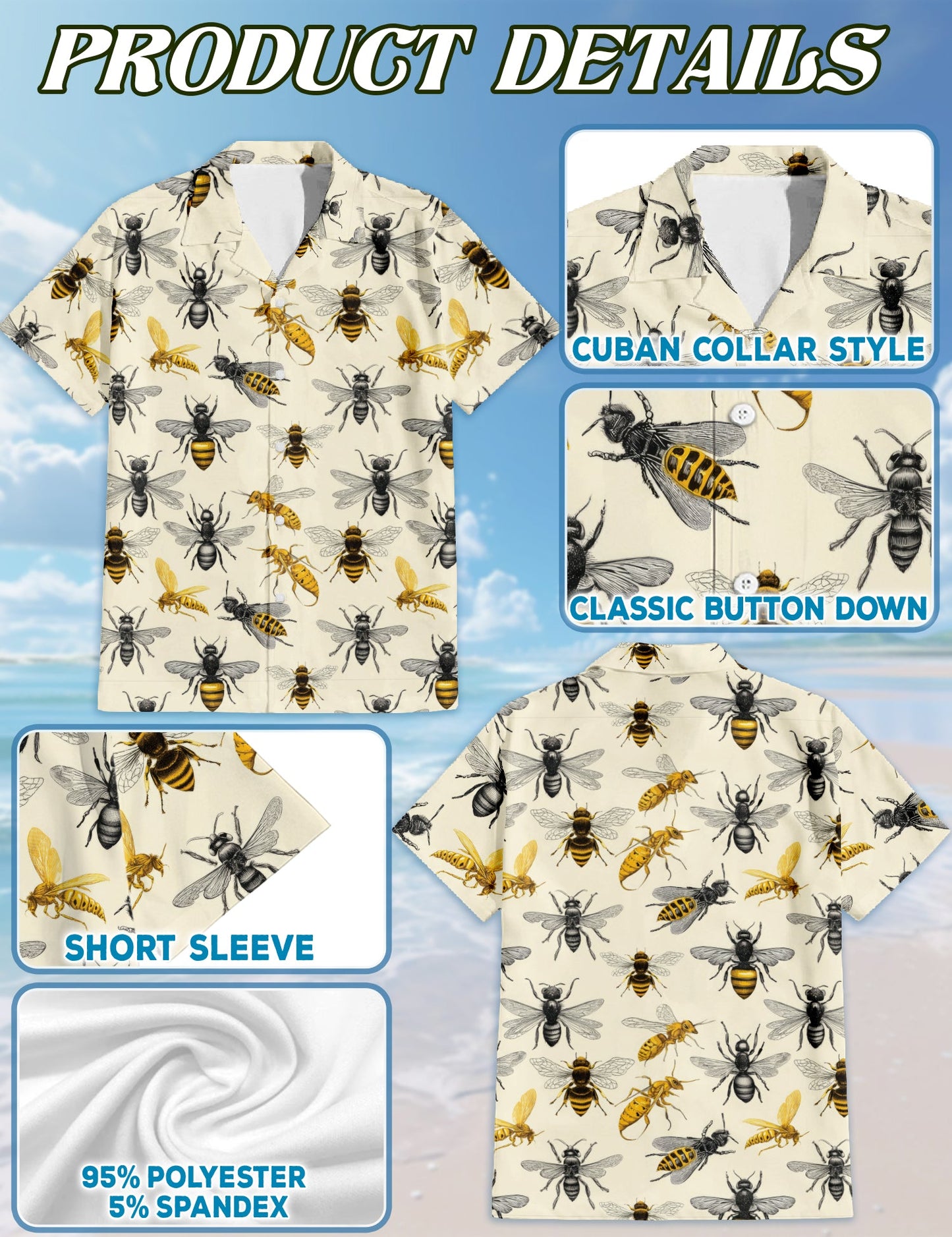 Bee Art Hawaiian Shirt for Men, Button Down Aloha Shirt - Azhawaiian