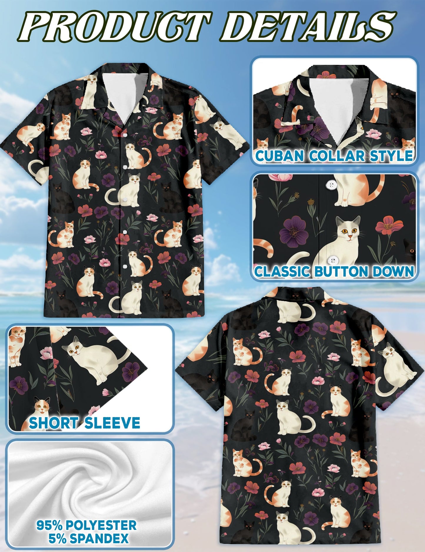 Cute Cat White Hawaiian Shirt for Men, Button Down Aloha Shirt - Azhawaiian