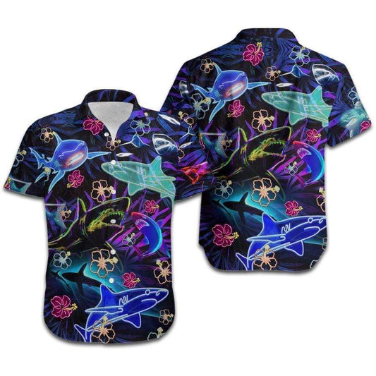 Hawaiian Aloha Shirts Neon Sharks Tropical Hibiscus