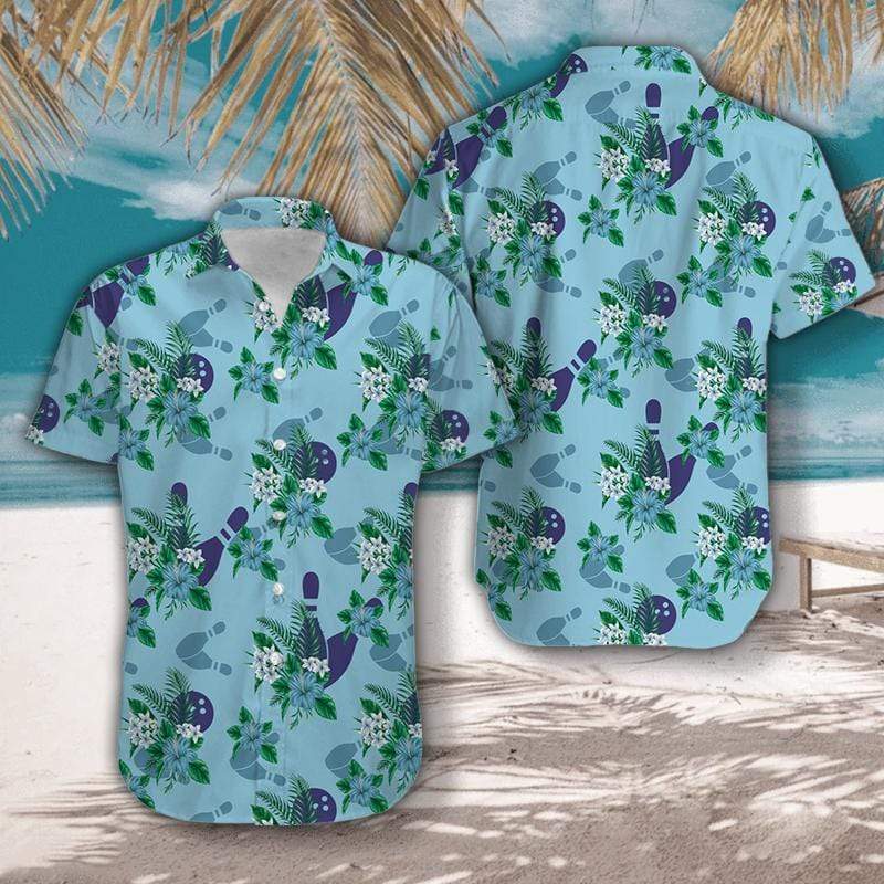 Blue Bowling Ball And Pin Tropical Unisex Hawaiian Aloha Shirts