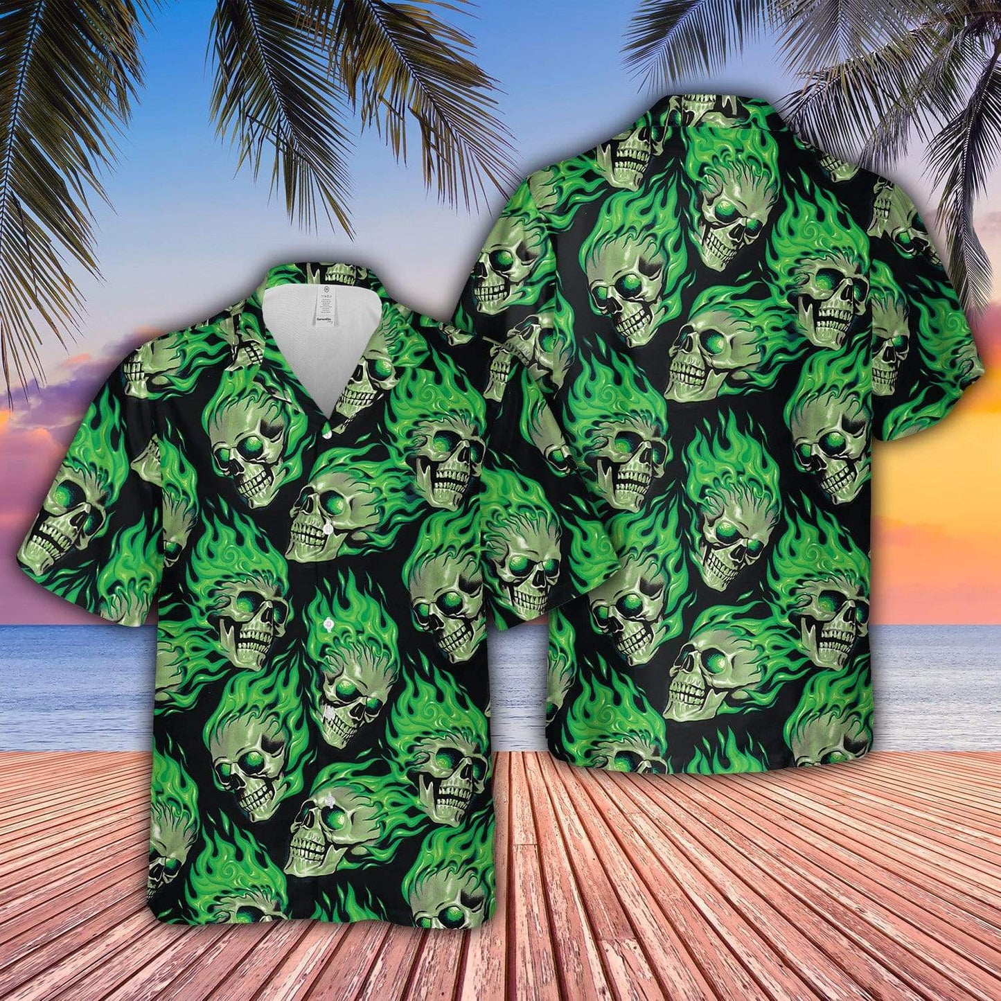 Green Flaming Skull Unisex Hawaiian Shirts