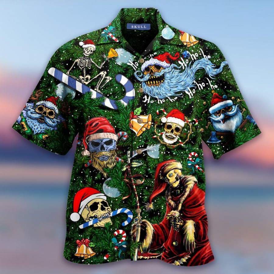 Christmas Ho Ho Ho Santa Skull Green Hawaiian Aloha Shirts