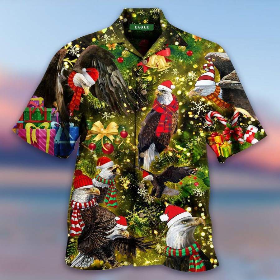 Christmas Eagle Bling Bling Light Green Hawaiian Aloha Shirts