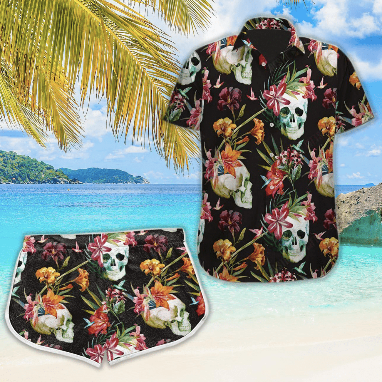 Tropical Skull Colorful Hawaiian Shirts Women Board Shorts #Vi