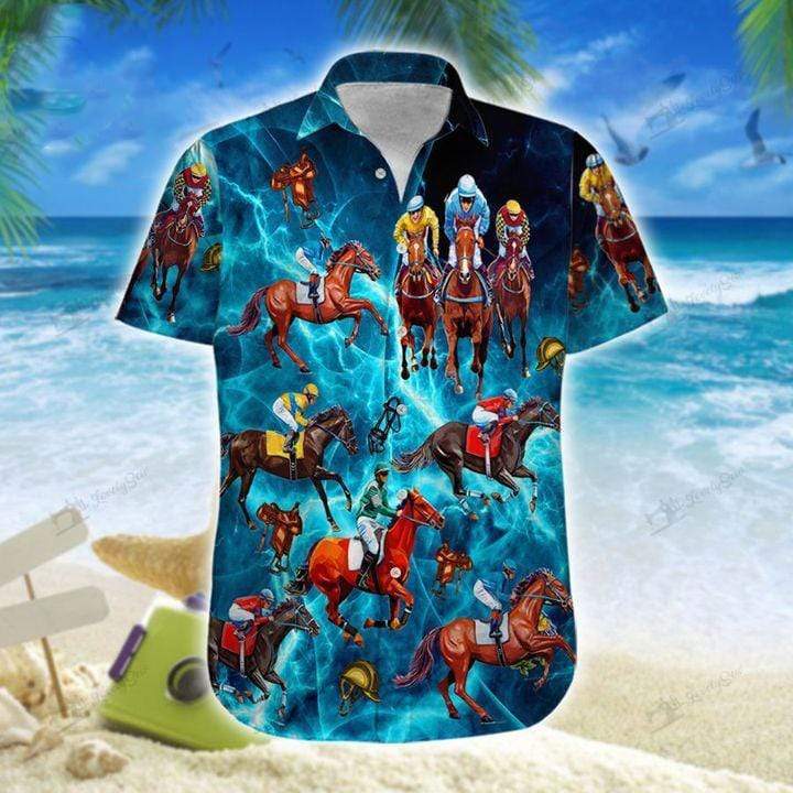 Horse Racing Blue Thunder Pattern Unisex Hawaiian Shirts - Beach Shorts