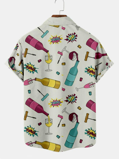 Mens Print Cartoon Bottles Summer Short Sleeve Shirts Hawaiian Shirt