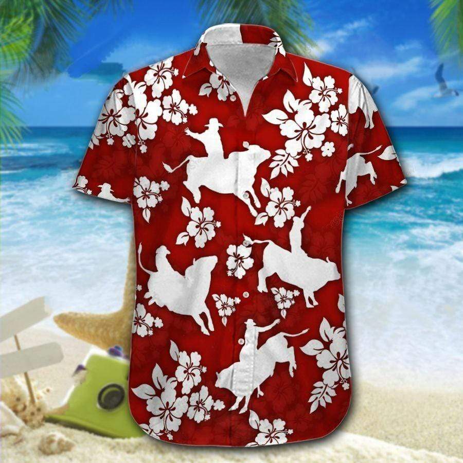 Hawaiian Aloha Shirts Bull Riding Red Hibiscus