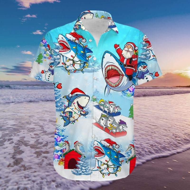 Funny Shark And Santa Claus Merry Christmas Hawaiian Aloha Shirts #H