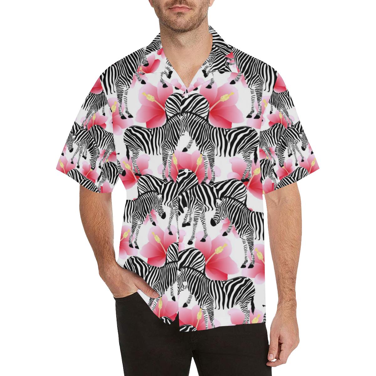 Zebra Red Hibiscus Pattern Mens All Over Print Hawaiian Shirt