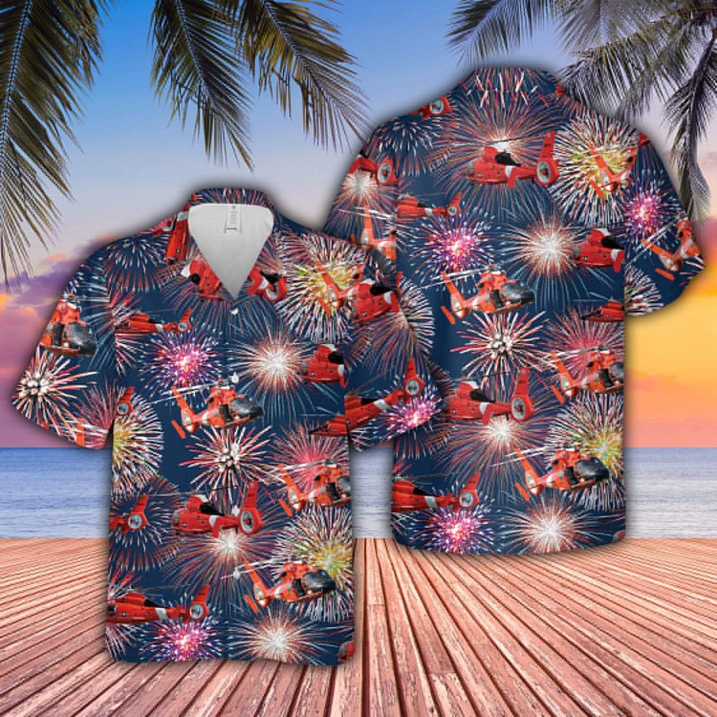 Hawaiian Aloha Shirts Coast Guard Eurocopter Mh-65 Dolphin Helicopter Fireworks 