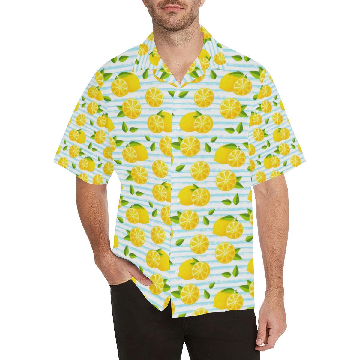 Lemon Pattern Stripe Background Mens All Over Print Hawaiian Shirt