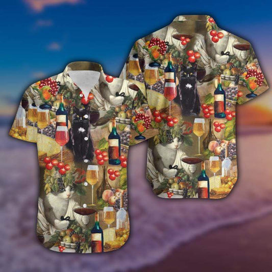 Black Cat Drinking Wine Hawaiian Aloha Shirts #V