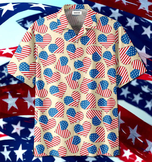 4Th Of July Patriotism Us Flag Heart Pattern Unisex Hawaiian Shirts 