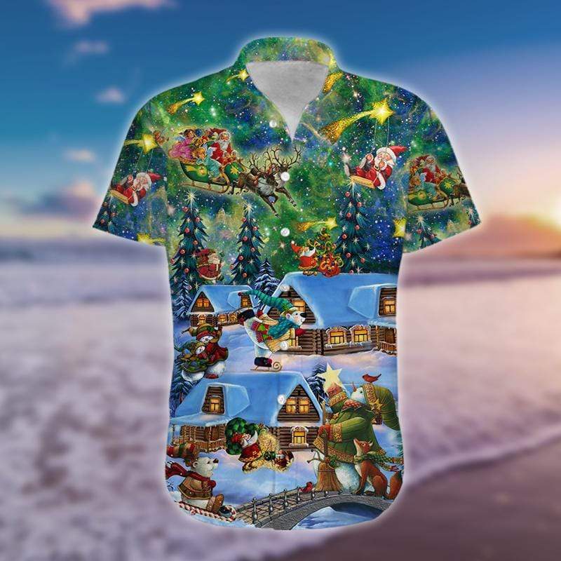 Amazing Magic Christmas Night Green Blue Galaxy Hawaiian Aloha Shirts #71220h