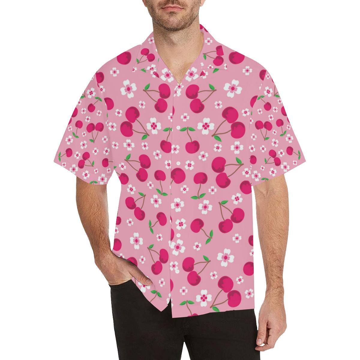 Cherry Flower Pattern Pink Background Mens All Over Print Hawaiian Shirt