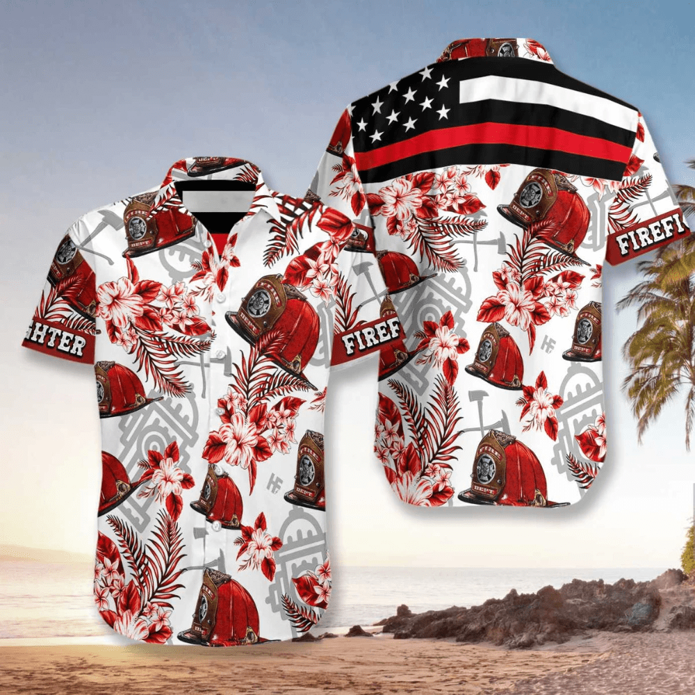 Firefighter Red Hat Red Line Unisex Hawaiian Aloha Shirts 