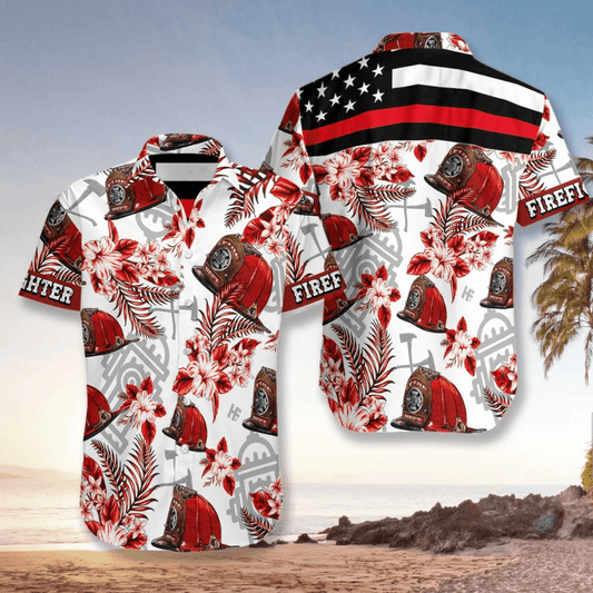 Firefighter Red Hat Red Line Unisex Hawaiian Aloha Shirts #Dh