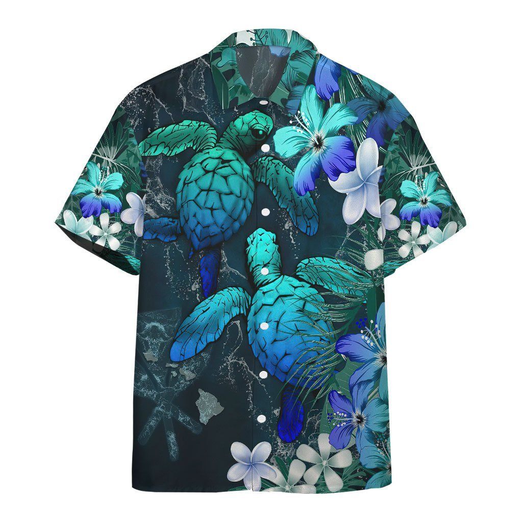  3D Sea Turtle Tropical Hibiscus And Plumeria Blue Hawaii Shirt