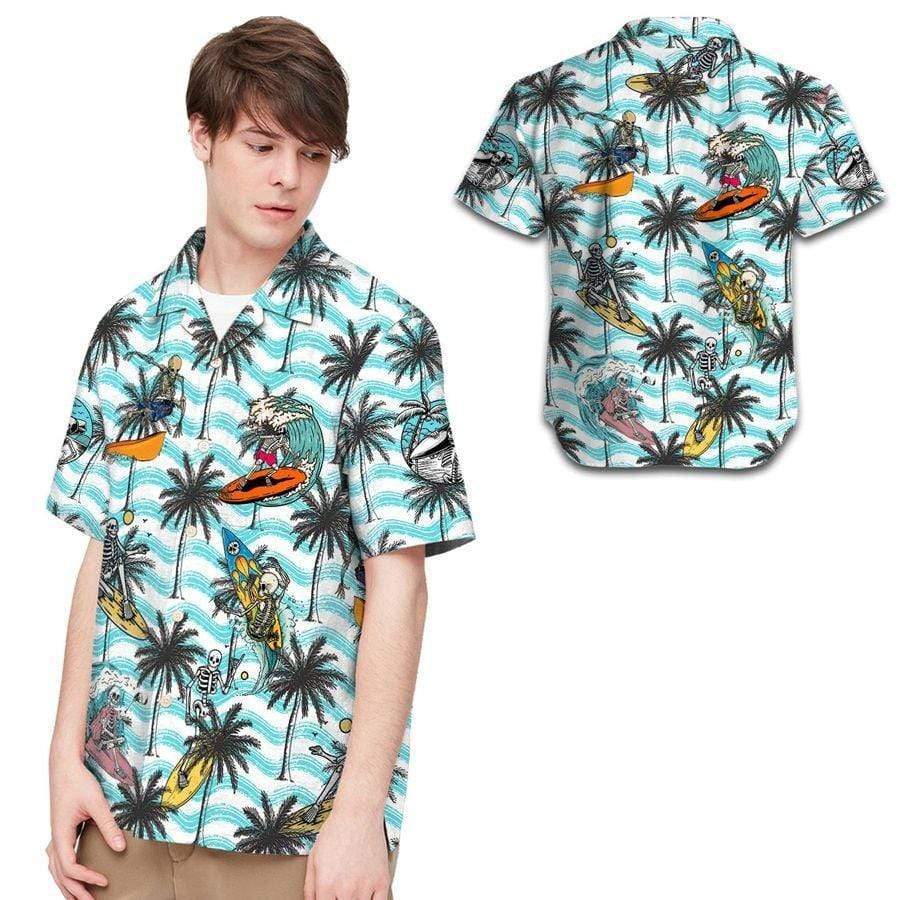 Hawaiian Aloha Shirts Surfing Skeleton Coconut Tree