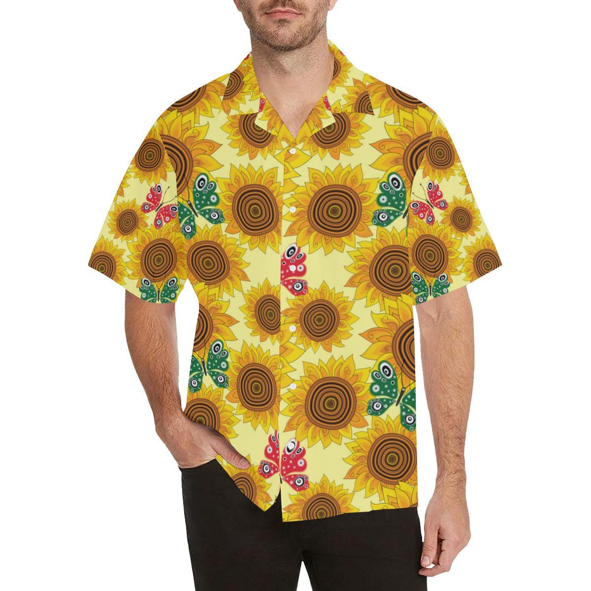 Sunflower Butterfly Pattern Mens All Over Print Hawaiian Shirt