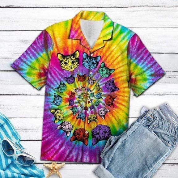 Tie-dye Psychedelic Hippie Cat Hawaiian Aloha Shirts #DH