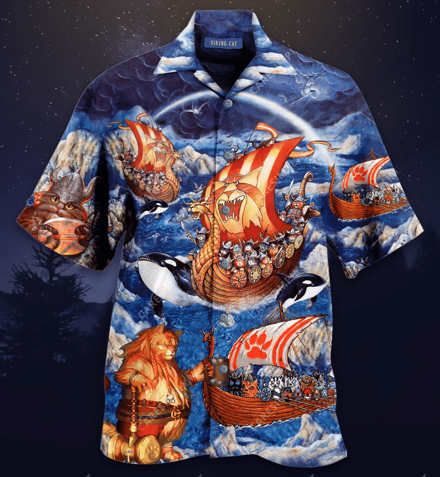 Hawaiian Aloha Shirts Viking Cats Fa-La-La Valhalla-La