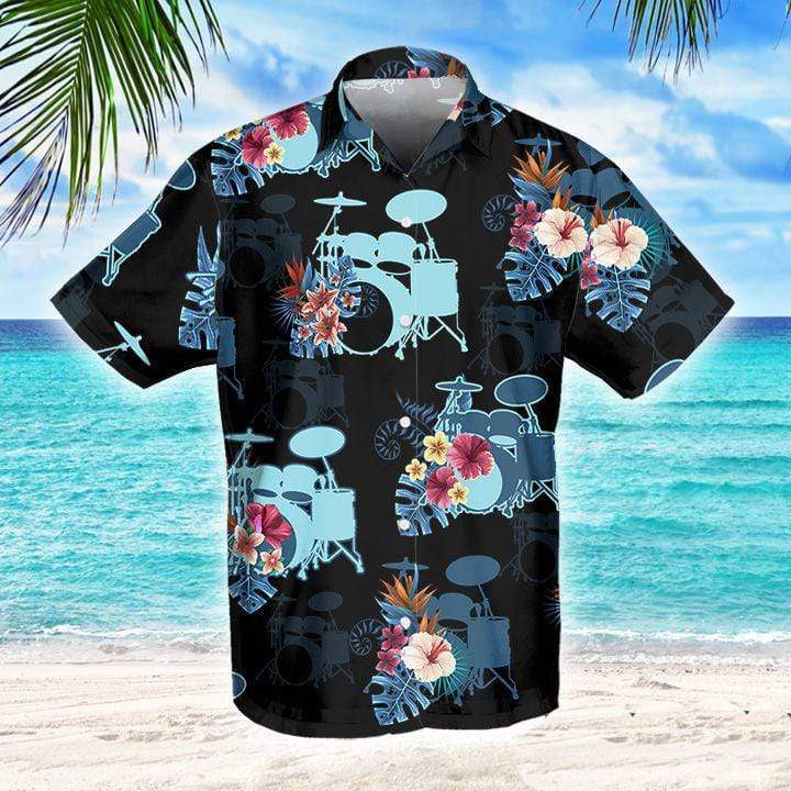 Awesome Drum Tropical Blue Black Unisex Hawaiian Aloha Shirts