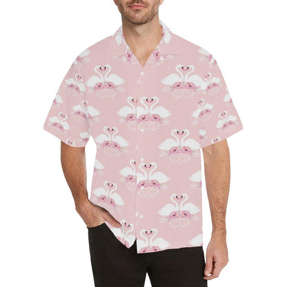 White Swan And Flower Love Pattern Mens All Over Print Hawaiian Shirt