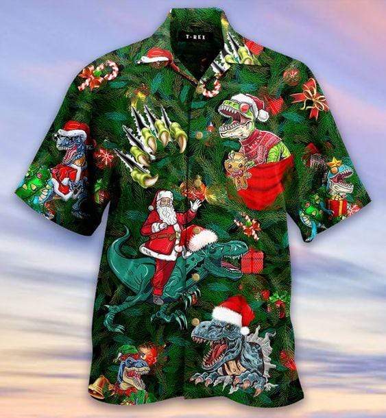 Hawaiian Aloha Shirts T-rex Dinosaur Enjoy Christmas