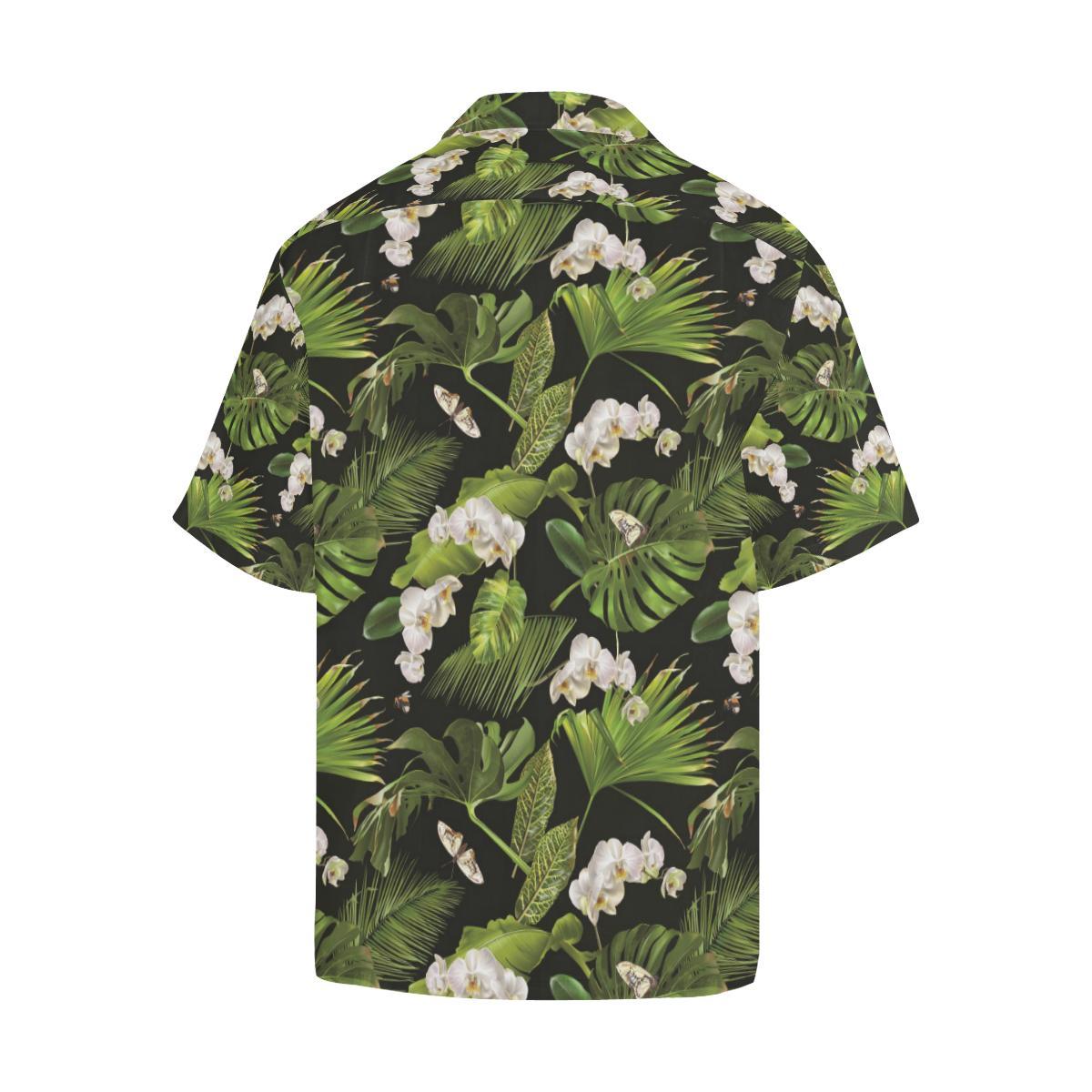 White Orchid Flower Tropical Leaves Pattern Blackg Mens All Over Print Hawaiian Shirt