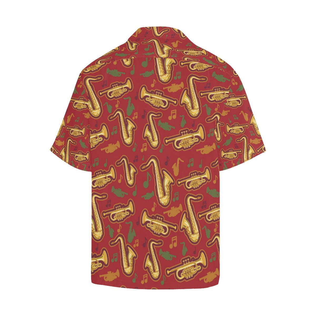 Saxophone Cornet Pattern Red Background Mens All Over Print Hawaiian Shirt