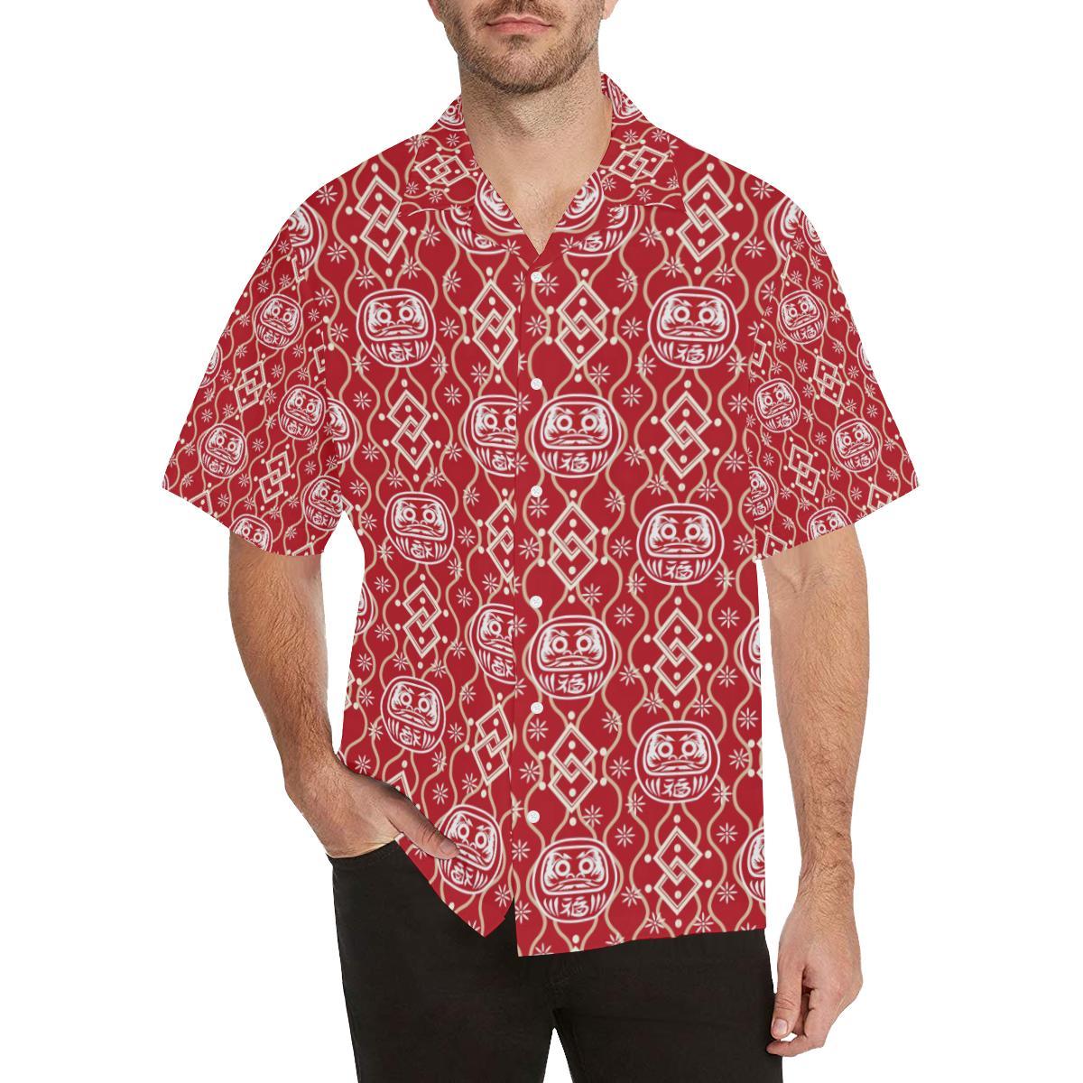 Daruma Red Pattern Mens All Over Print Hawaiian Shirt