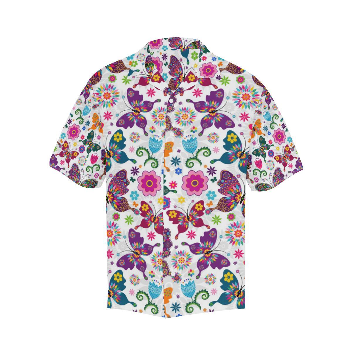 Colorful Butterfly Flower Pattern Mens All Over Print Hawaiian Shirt