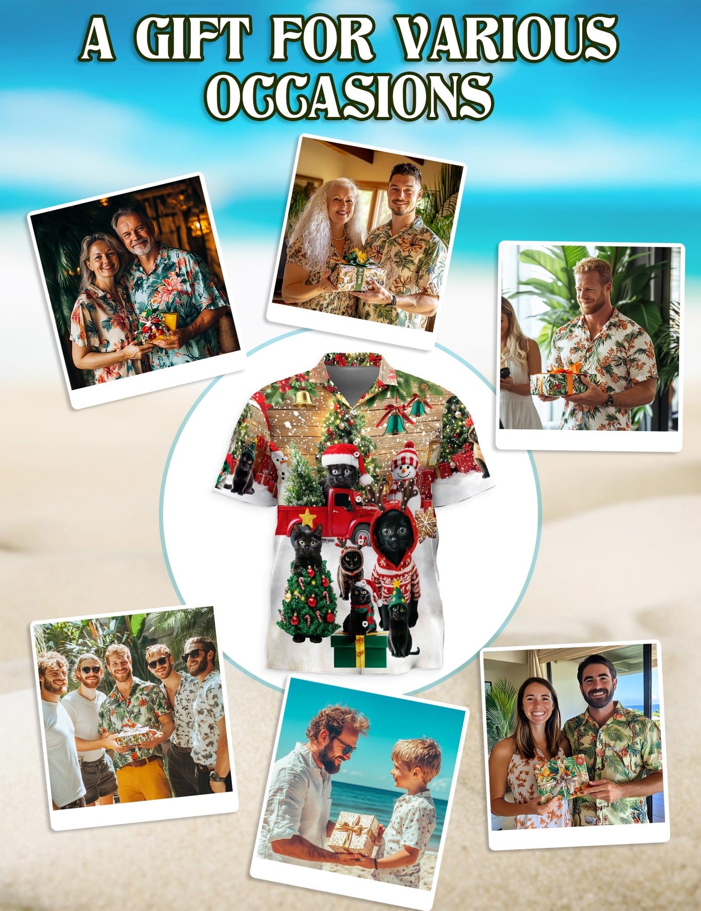 Black Cat Christmas Hawaiian Shirt for Men, Button Down Aloha Shirt - Azhawaiian