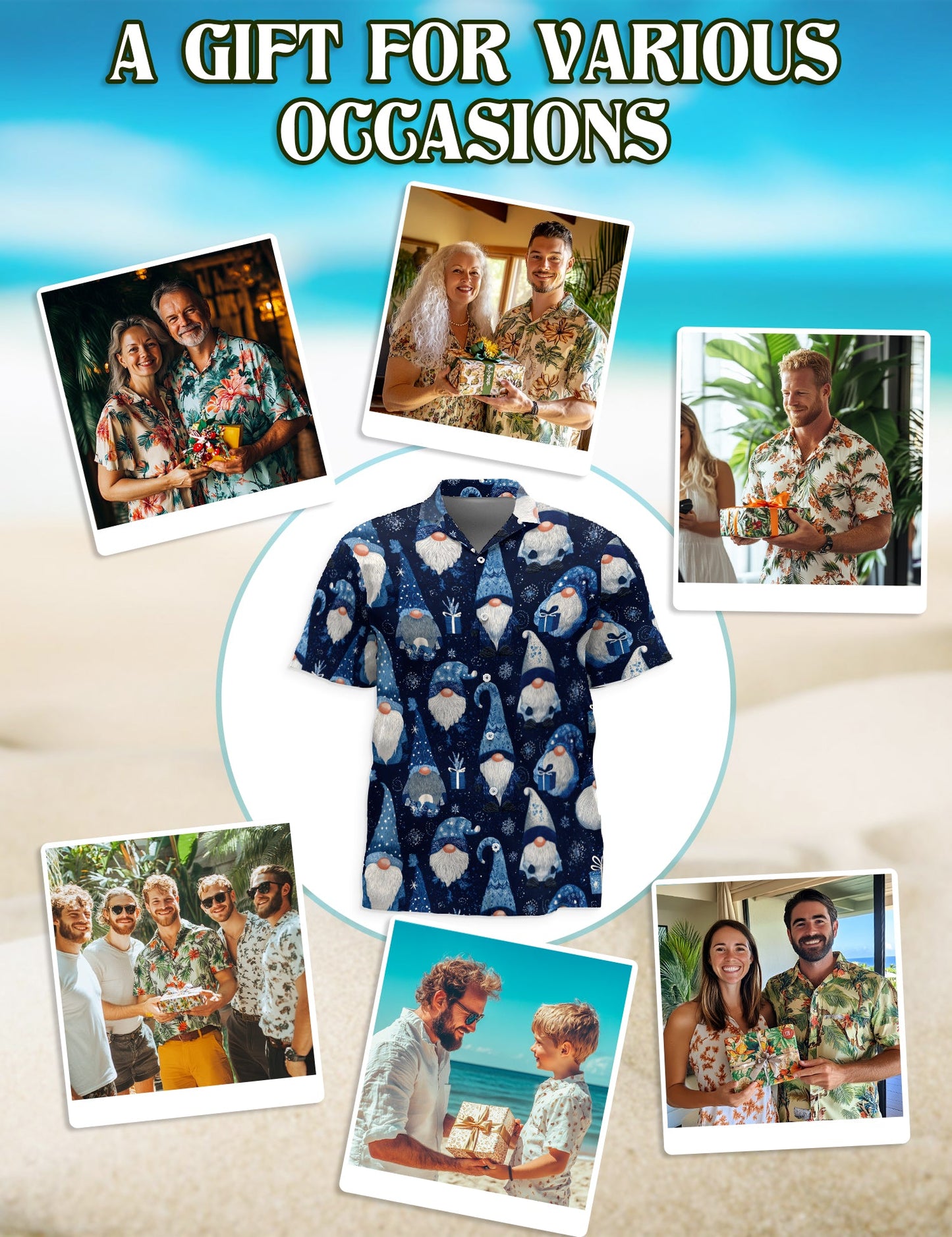 Blue Snow Gnomes Pattern Hawaiian Shirt for Men, Button Down Aloha Shirt - Azhawaiian