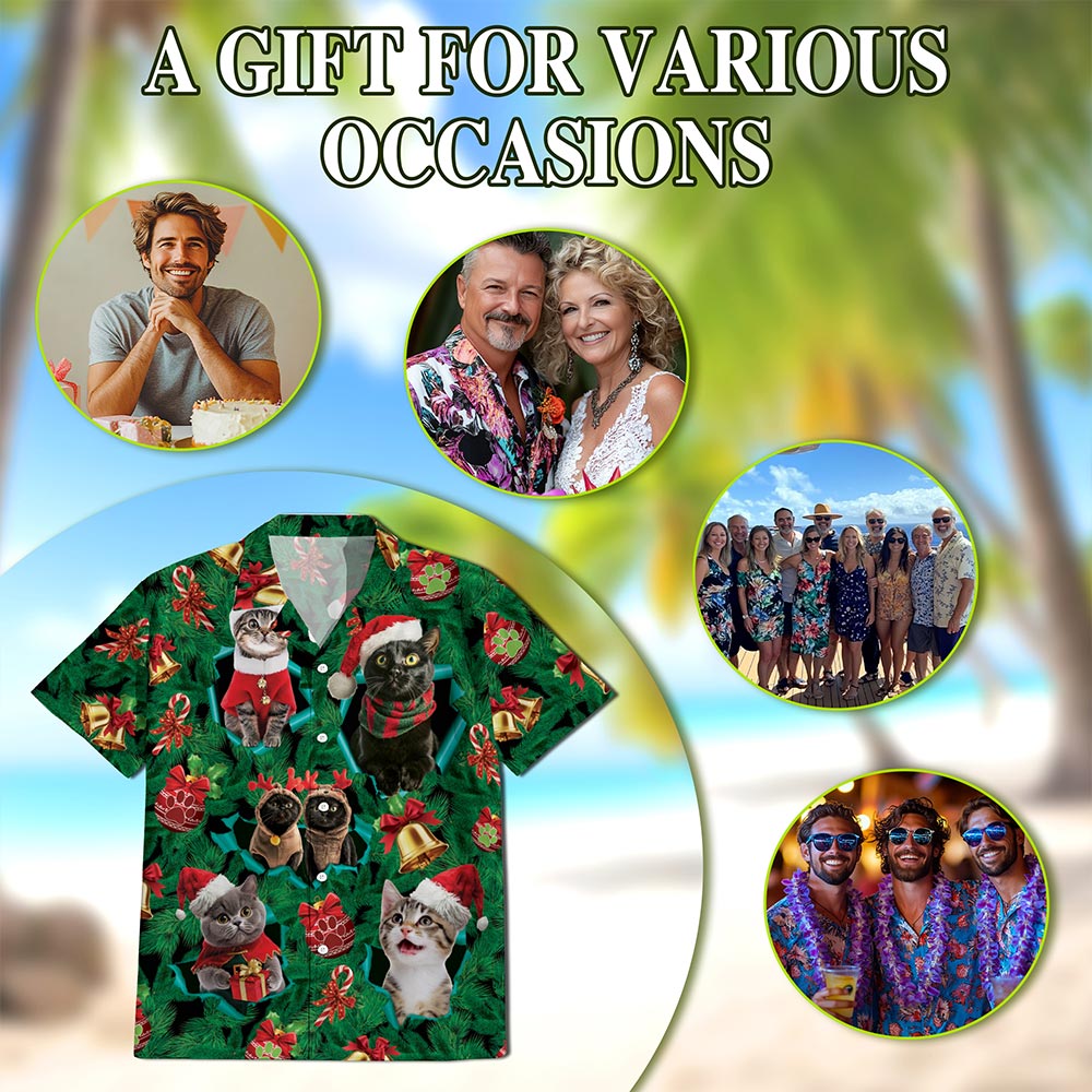 Christmas Cats Hawaiian Shirt for Men, Button Down Aloha Shirt - Azhawaiian