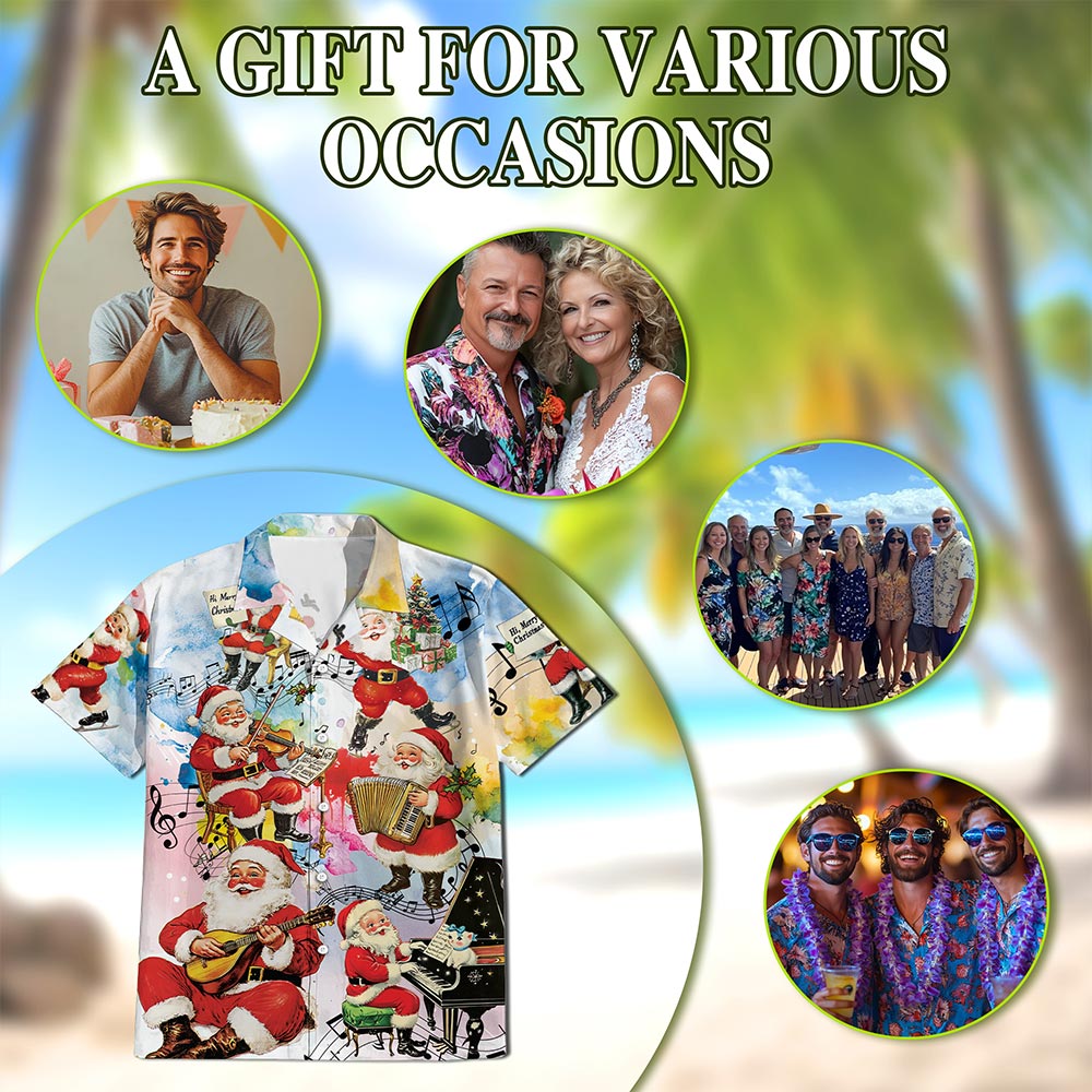 Musical Santa Claus Christmas Hawaiian Shirt for Men, Button Down Aloha Shirt - Azhawaiian